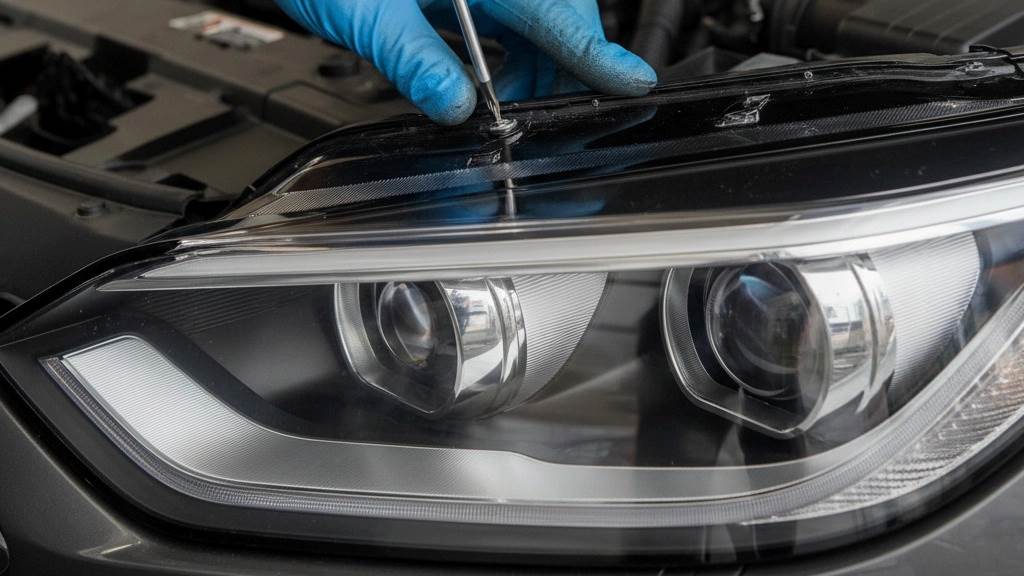 Driver turning horizontal adjustment screw on car headlight assembly at night