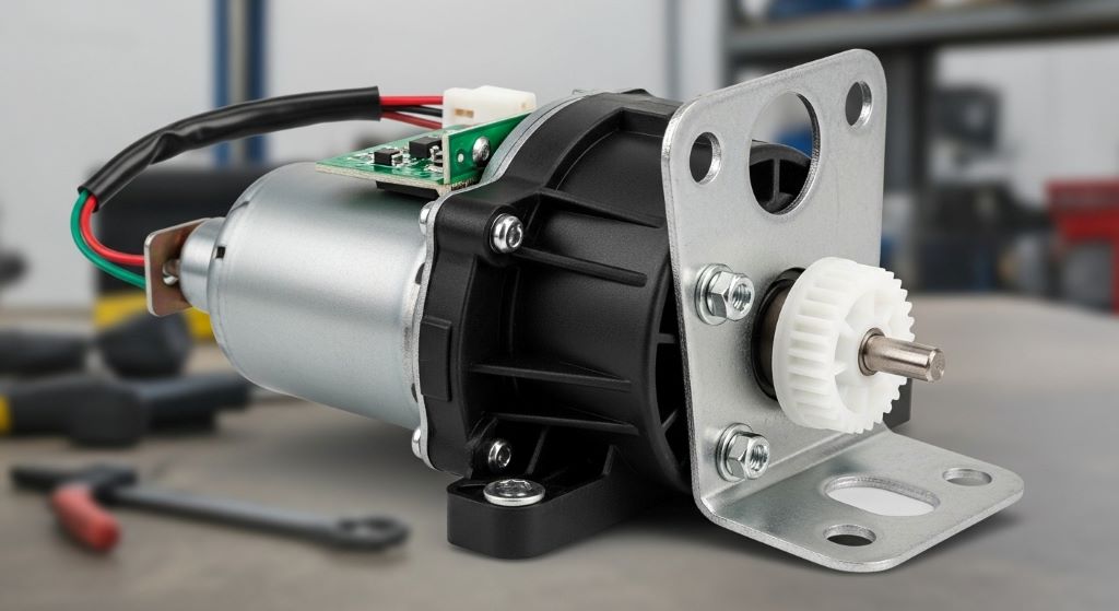 Automotive blend door actuator component showing electric motor and mounting bracket for HVAC system