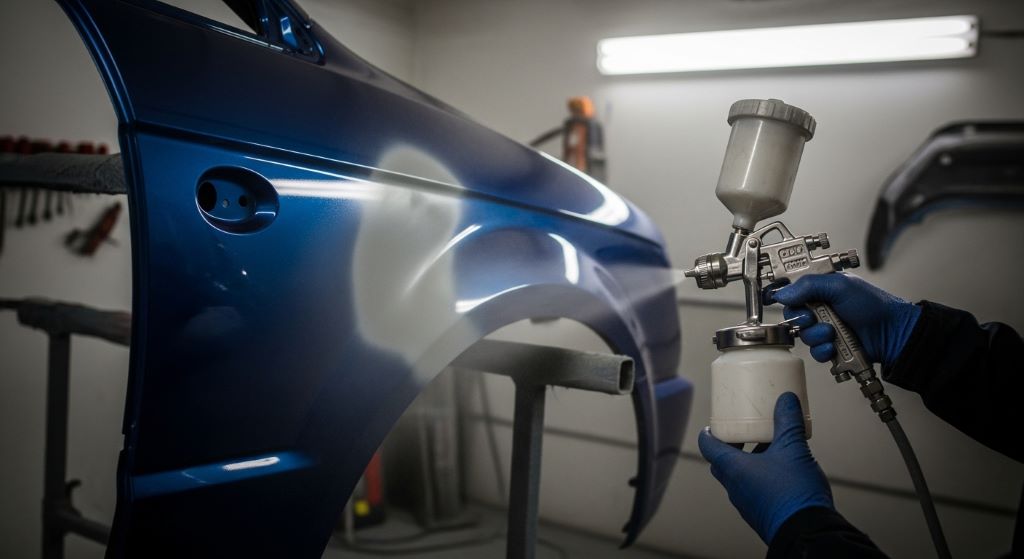 Budget HVLP paint sprayer applying automotive primer to car panel in home garage