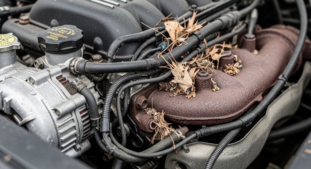 Close-up of car engine bay with debris buildup near exhaust manifold