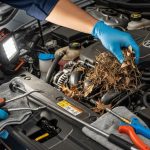 Mechanic removing dry leaves and debris from a car engine bay
