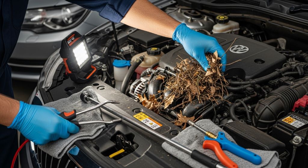 Mechanic removing dry leaves and debris from a car engine bay