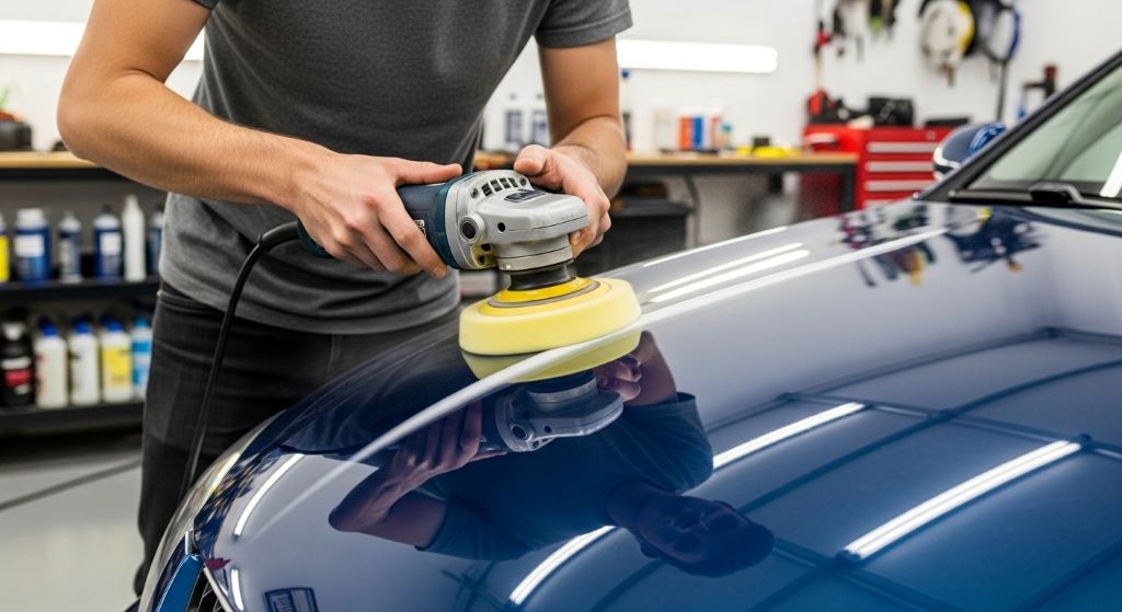 Person using foam polishing pad on car clear coat with dual-action polisher