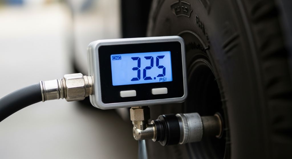 Digital tire pressure gauge display showing PSI reading while attached to vehicle tire valve during inflation process