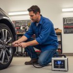 Driver using portable electric tire inflator connected to car tire valve stem in well-lit garage setting demonstrating proper inflation technique