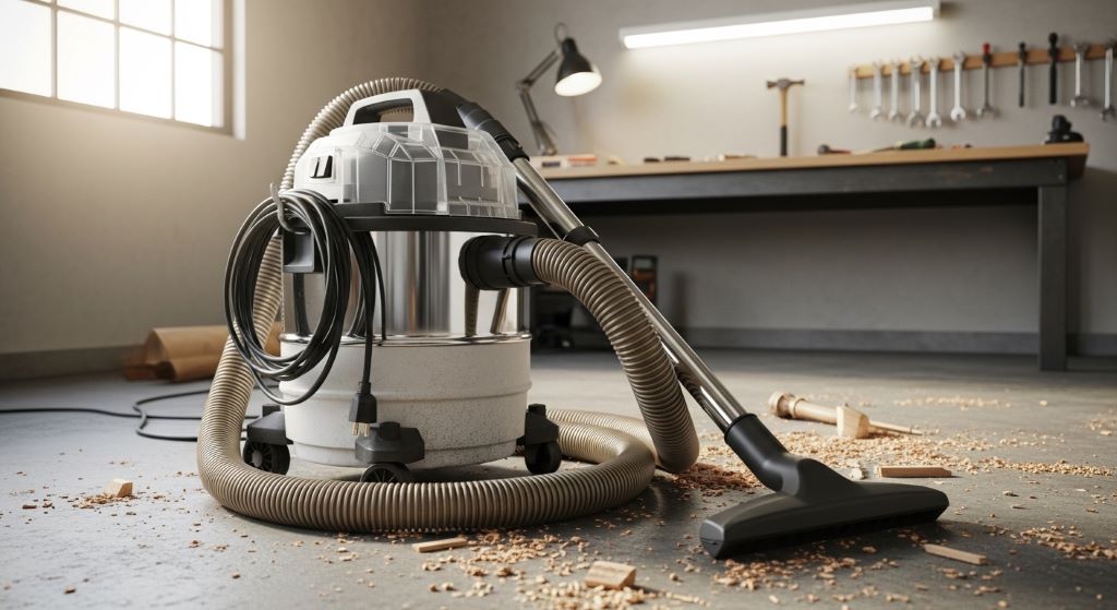 Budget-friendly garage debris cleaner with a large tank and flexible hose sitting on a workshop floor