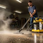 A man using a strong suction vacuum to clean sawdust and debris from a concrete garage floor