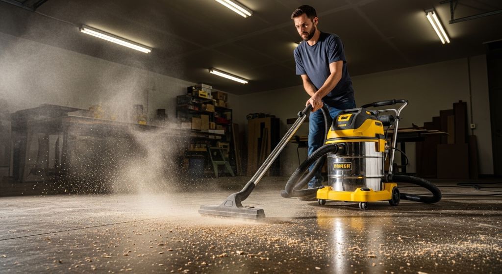A man using a strong suction vacuum to clean sawdust and debris from a concrete garage floor