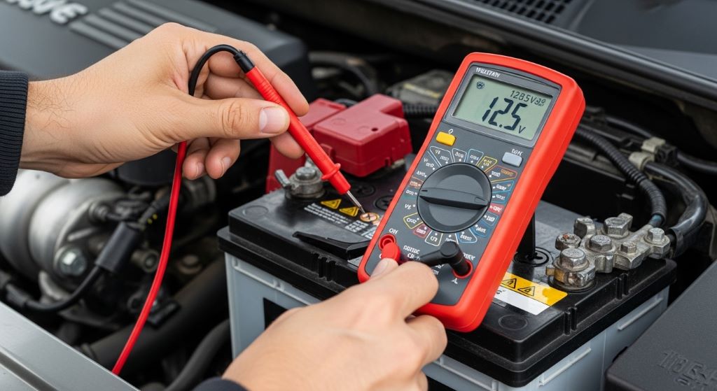 Testing car battery voltage with multimeter