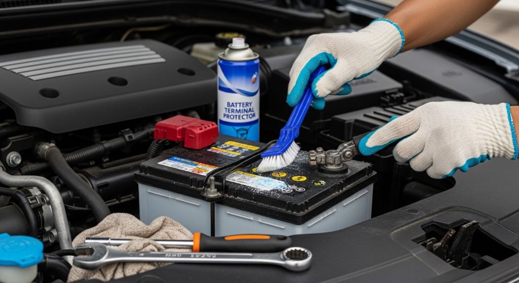 Car battery maintenance and cleaning terminals