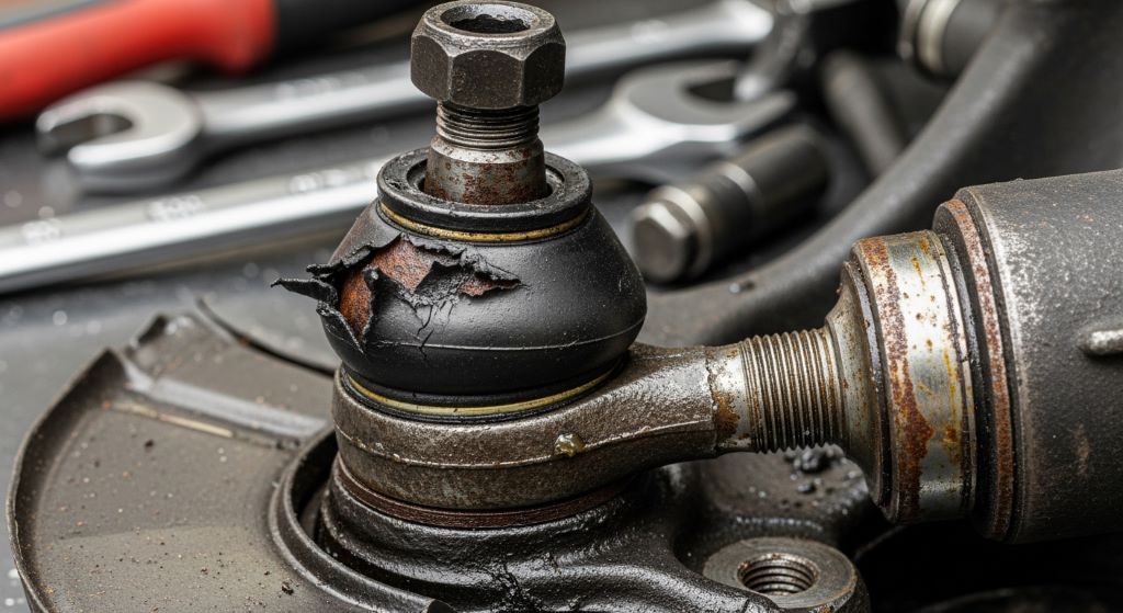 Close-up of worn ball joint and tie rod during a steering system repair