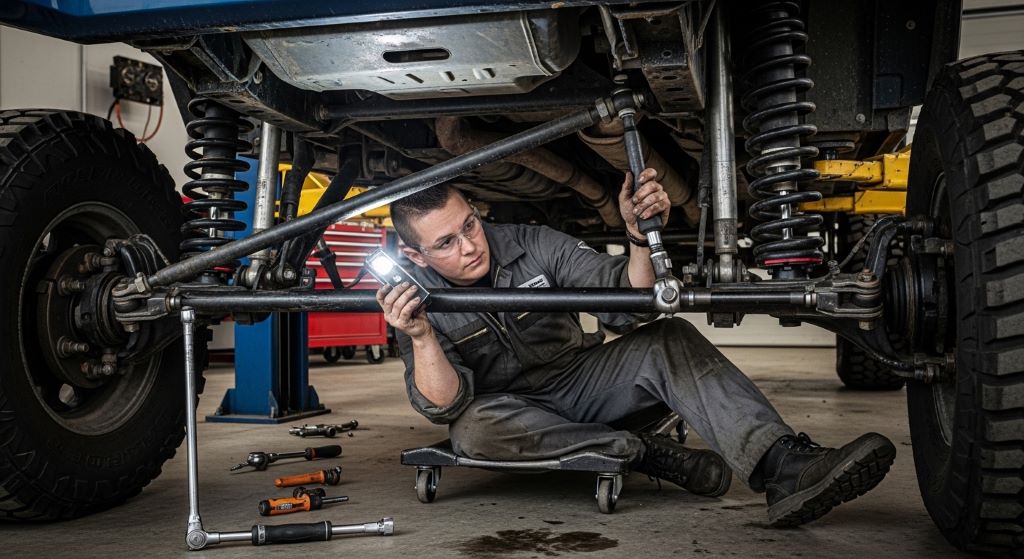 Mechanic inspecting suspension and steering components under a lifted vehicle