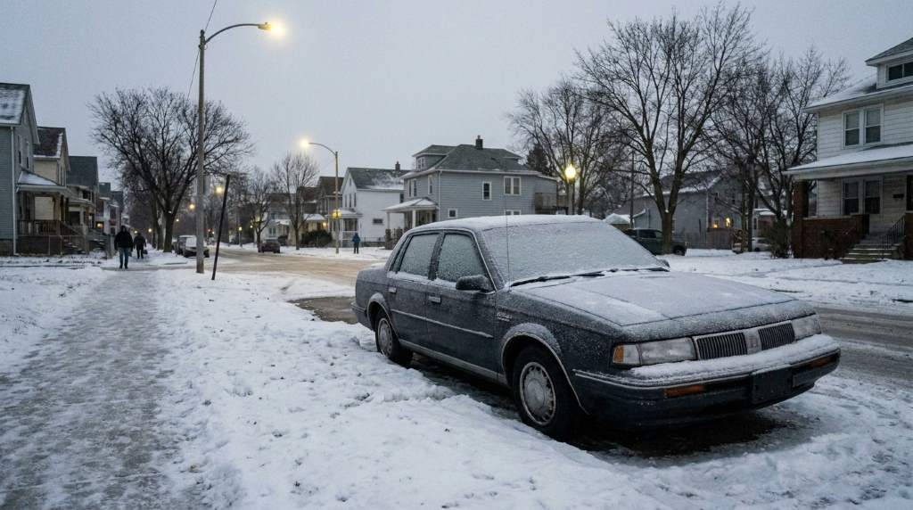 Driver scraping ice from car during Wisconsin winter morning