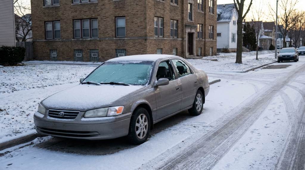 Snow-covered car parked overnight in Milwaukee winter