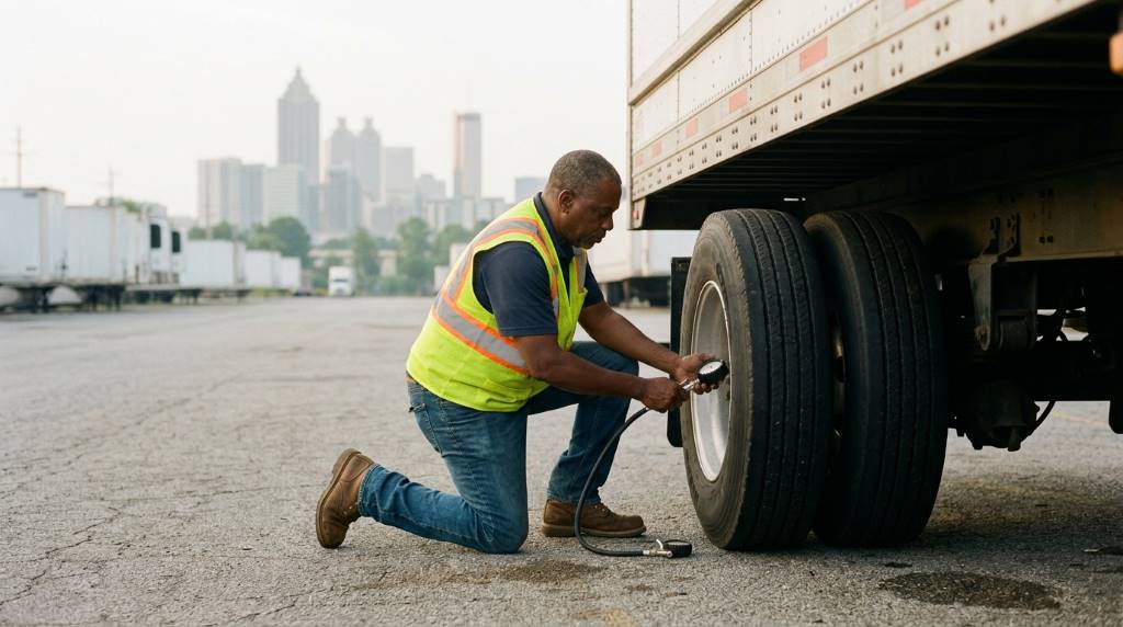 Commercial truck approaching a DOT weigh station in Atlanta