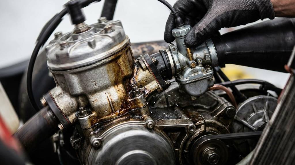 Mechanic inspecting a race kart engine before competition