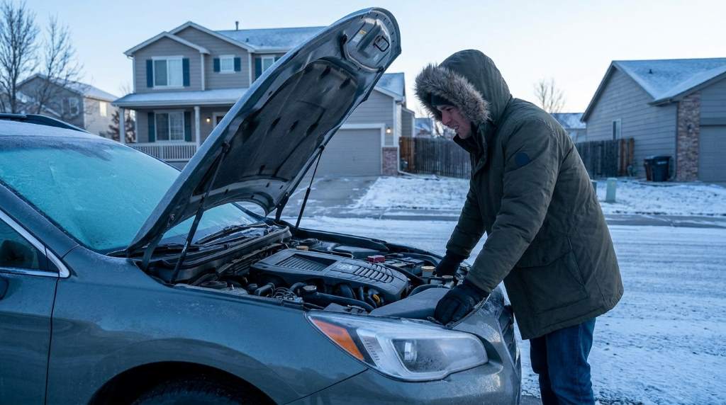 Mechanic inspecting frozen car cooling system