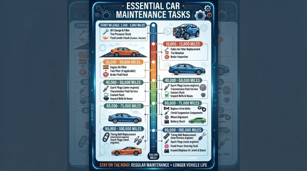 Essential car maintenance tasks by mileage