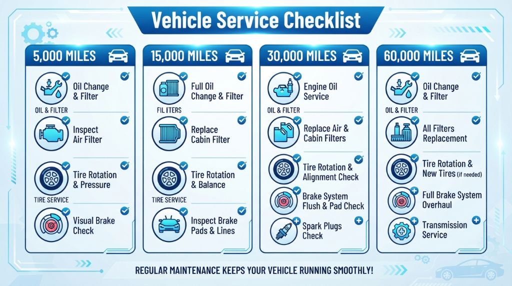 Vehicle service checklist for each mileage interval